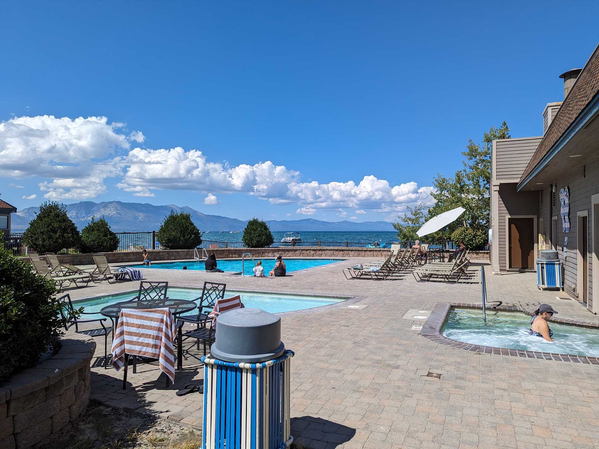 Pool and Jacuzzi near the lake. There are 3 pools and 2 jacu